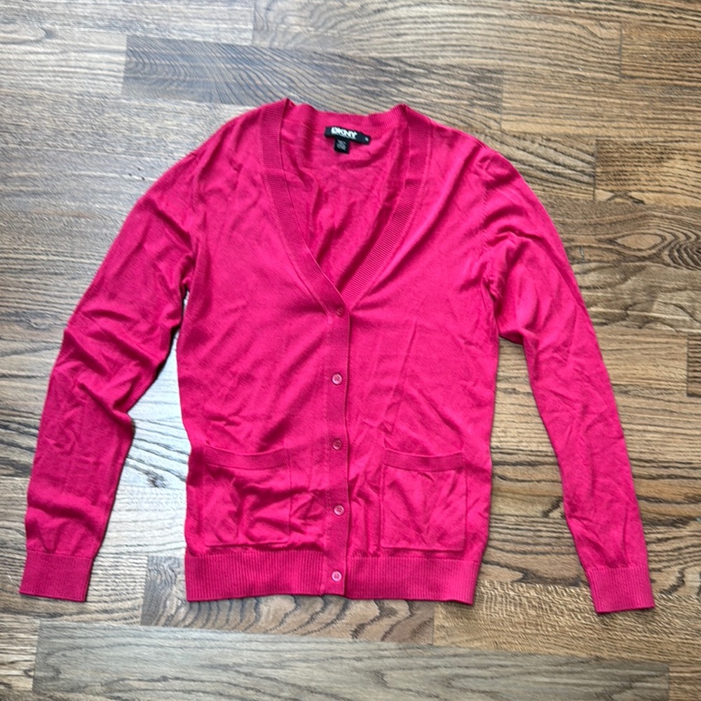 New Dkny Pink Cardigan Sweater Fitted Knit